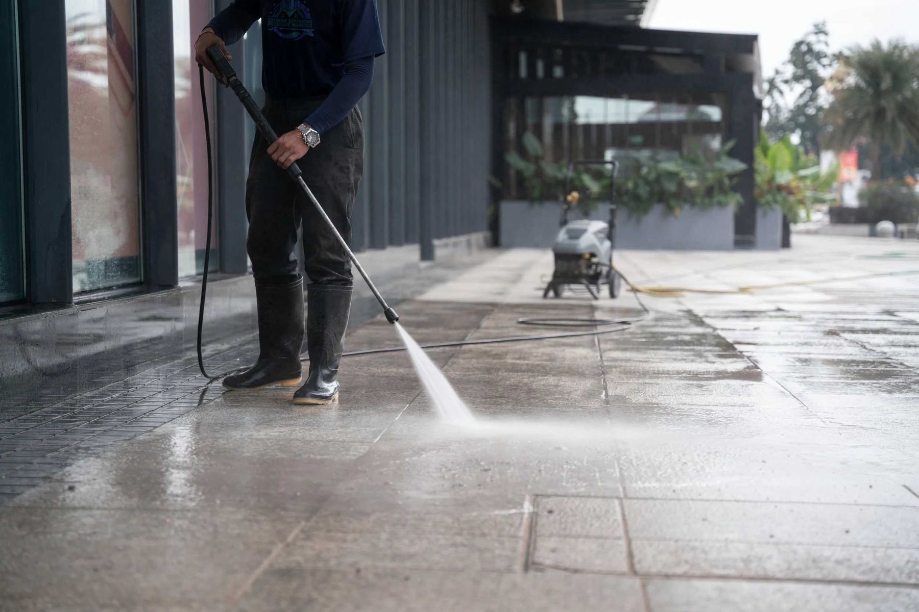 Technician pressure washing a storefront sidewalk